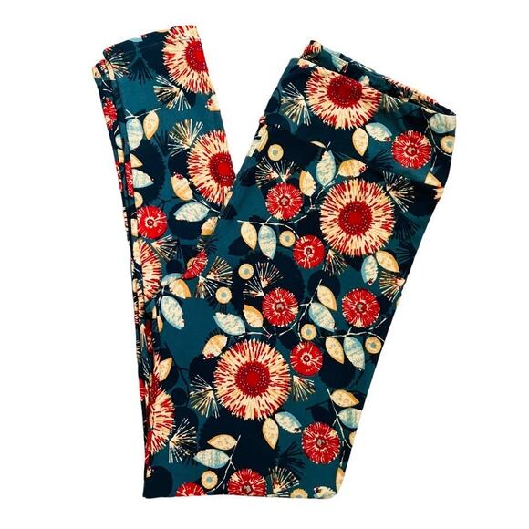 Lularoe Tall & Curvy Teal Yellow Red Floral Leggings - Picture 1 of 2